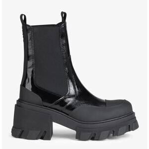 NWOB Ganni Cleated Heeled Mid Chelsea Boots Black Patent Leather Women's Size 39